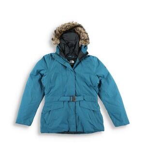 The North Face Dunagiri Down Jacket Women's Large Hooded Belted Juniper‎ Teal